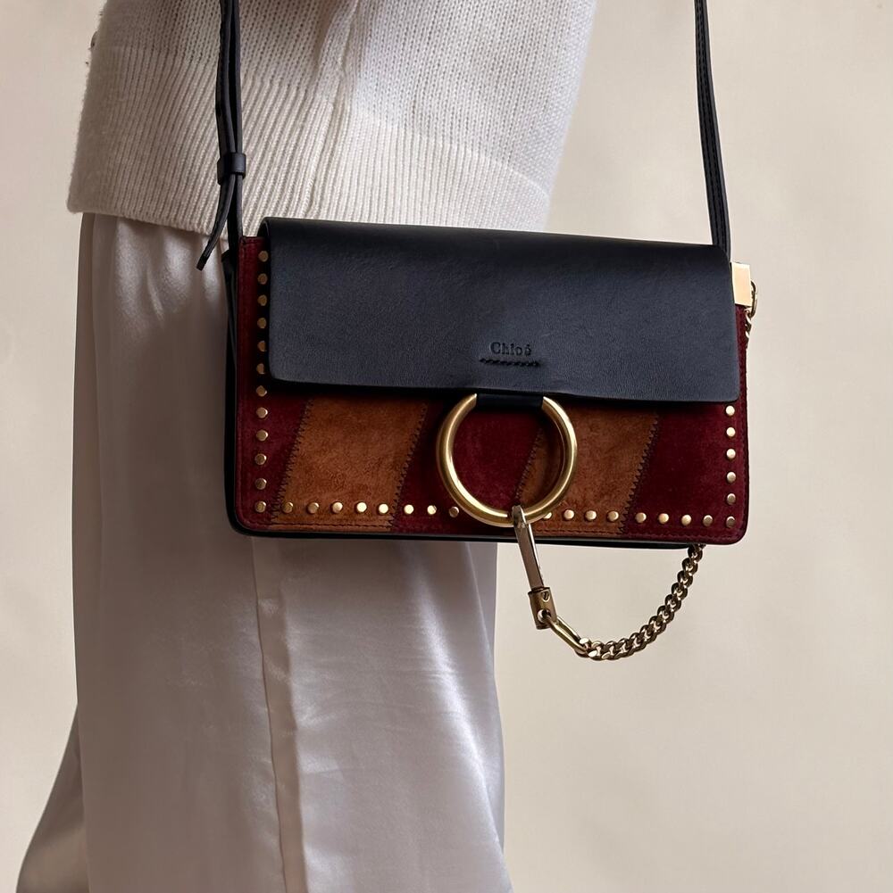 Chloe Brown and Orange Studded Suede Faye Crossbody Bag Black Leather